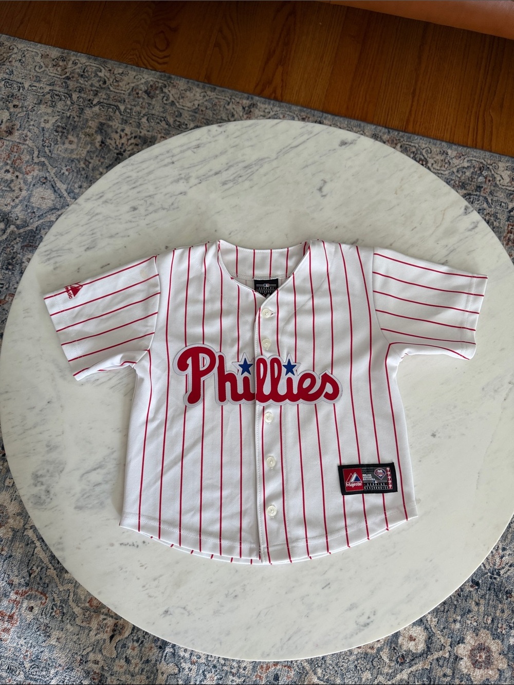 Majestic Phillies White and Red Pinstripe Kids Jersey